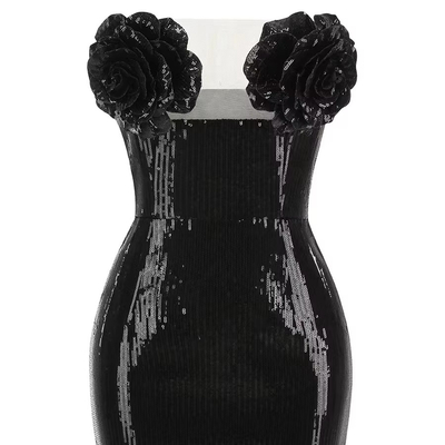 3D Flower Decorated Sleeveless Sparkling Sequin Birthday Dress Mini Length and Off-Shoulder Style with Sleeveless Design