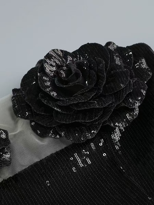 3D Flower Decorated Sleeveless Sparkling Sequin Birthday Dress Mini Length and Off-Shoulder Style with Sleeveless Design