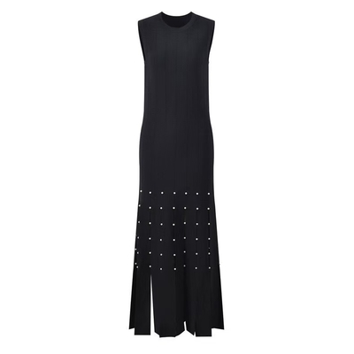 Women's Fashion A-Line Knitted Vest Dress with Fringe Edge Pearl Embellishment and Sleeveless Design KD2309