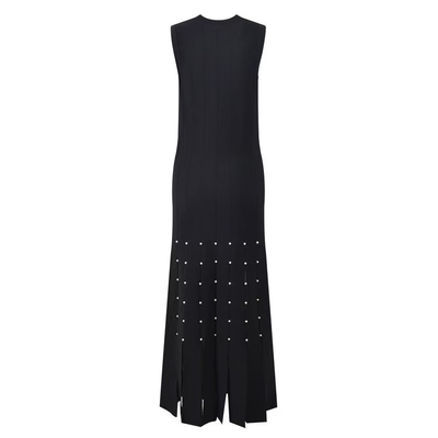 Women's Fashion A-Line Knitted Vest Dress with Fringe Edge Pearl Embellishment and Sleeveless Design KD2309