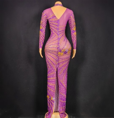 AD2277 Kimshein High Neck Long Sleeve Evening Dress with Mesh and Beaded Cocktail Skirt Polyester/Spandex/Nylon