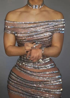 Kimshein AD2051 A Glistening Off-Shoulder Sheer Mesh Mini Dress with Crystals A Mesmerizing and Sophisticated Choice