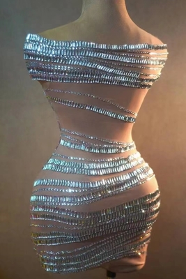 Kimshein AD2051 A Glistening Off-Shoulder Sheer Mesh Mini Dress with Crystals A Mesmerizing and Sophisticated Choice