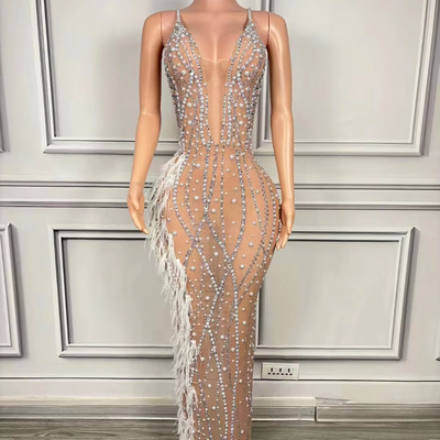Kimshein AD2233 Perfect for Parties This Long Dress Features Diamonds Crystals and Feathers