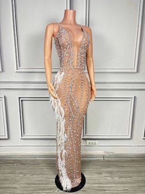 Kimshein AD2233 Perfect for Parties This Long Dress Features Diamonds Crystals and Feathers