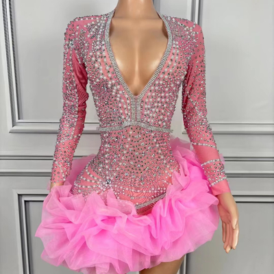 AD2231 Elegant Mesh Diamond Dress Crystal Deep V-neck Club Ladies Evening Mini Sexy Long Sleeve Party Pleated Dress 100