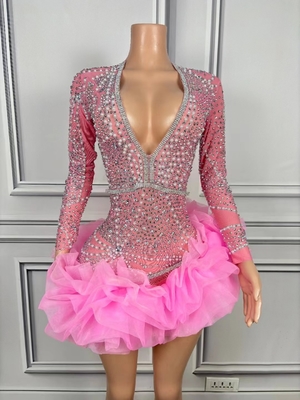 AD2231 Elegant Mesh Diamond Dress Crystal Deep V-neck Club Ladies Evening Mini Sexy Long Sleeve Party Pleated Dress 100