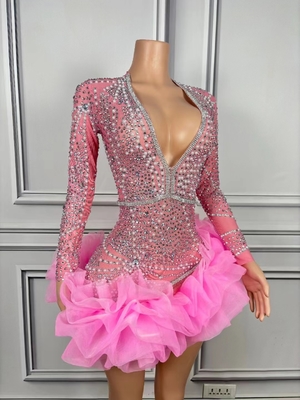 AD2231 Elegant Mesh Diamond Dress Crystal Deep V-neck Club Ladies Evening Mini Sexy Long Sleeve Party Pleated Dress 100