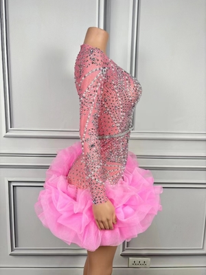 AD2231 Elegant Mesh Diamond Dress Crystal Deep V-neck Club Ladies Evening Mini Sexy Long Sleeve Party Pleated Dress 100