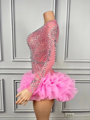 AD2231 Elegant Mesh Diamond Dress Crystal Deep V-neck Club Ladies Evening Mini Sexy Long Sleeve Party Pleated Dress 100