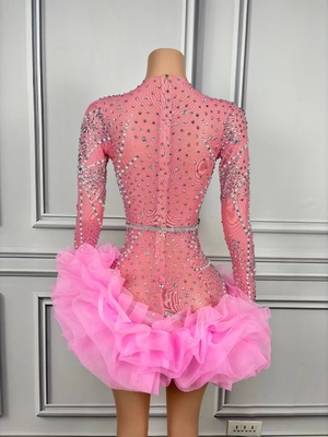 AD2231 Elegant Mesh Diamond Dress Crystal Deep V-neck Club Ladies Evening Mini Sexy Long Sleeve Party Pleated Dress 100