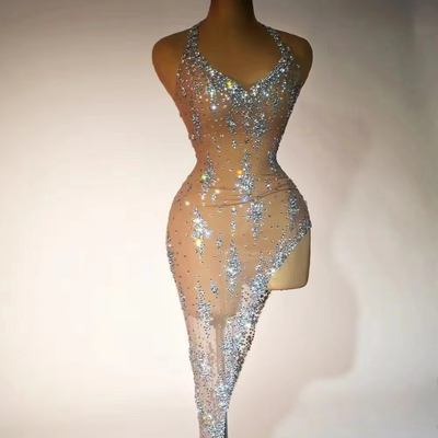 Kimshein AD2074 Luxury Handmade Crystal Dress Diamond V-Neck Sexy Shiny Performance Dance Costume Stage High Slit