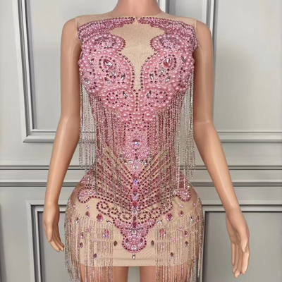 AD2318 Handmade Crystal Beaded Fringe Cocktail Dress for Women's Birthday Party with Sleeveless Design and Pearl Beading