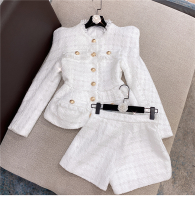 Women's Office Formal Party Checkered Short Jacket and Pants Set Made with Color Weaving Technique in Knitted Design