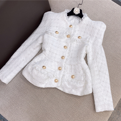 Women's Office Formal Party Checkered Short Jacket and Pants Set Made with Color Weaving Technique in Knitted Design