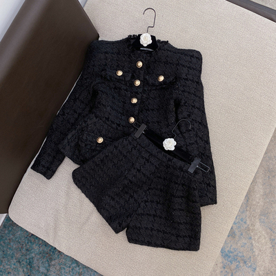Women's Office Formal Party Checkered Short Jacket and Pants Set Made with Color Weaving Technique in Knitted Design