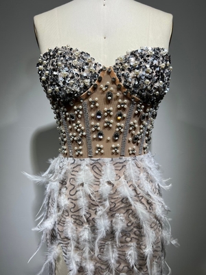 ED2474 Off-Shoulder Feather Evening Dress Eco-Friendly and Luxurious Crystal Pearl Sequins Perfect for Special Occasions