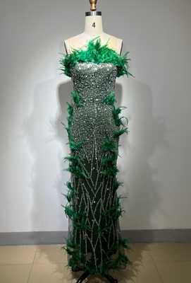 ED2411 Women's Evening Gown Fashionable Maxi Dress with Sparkling Sequins and Feather Detail