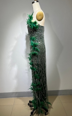 ED2411 Women's Evening Gown Fashionable Maxi Dress with Sparkling Sequins and Feather Detail