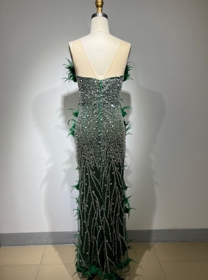 ED2411 Women's Evening Gown Fashionable Maxi Dress with Sparkling Sequins and Feather Detail