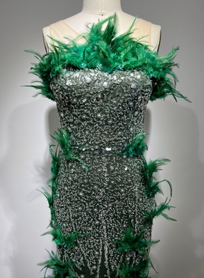 ED2411 Women's Evening Gown Fashionable Maxi Dress with Sparkling Sequins and Feather Detail