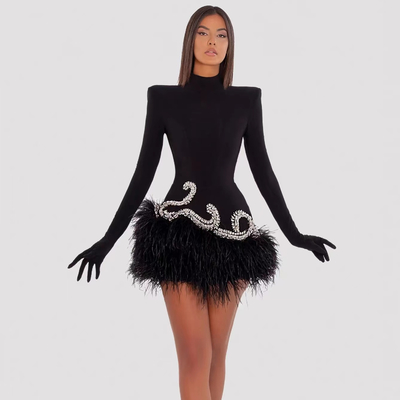 ED2406 High Neck Long Sleeve Mini Diamond Dress in Black Velvet for Formal Occasions from Guangdong Sophistication
