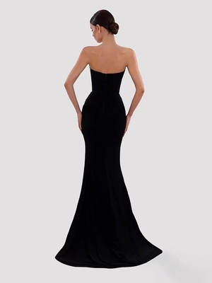 ED2402 Black Diamond Velvet Maxi Dress High Slit Puffy Skirt and Custom Logo Alternative for Sexy Evening Parties