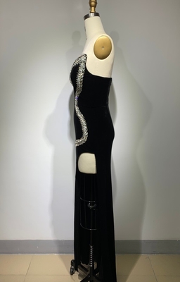 ED2402 Black Diamond Velvet Maxi Dress High Slit Puffy Skirt and Custom Logo Alternative for Sexy Evening Parties