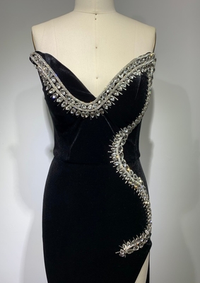 ED2402 Black Diamond Velvet Maxi Dress High Slit Puffy Skirt and Custom Logo Alternative for Sexy Evening Parties