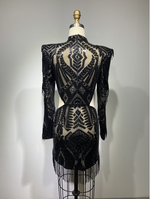 Exquisite Black Mini Dress with Shimmering Rhinestones and Eye-catching Tassel Ideal for Night Out or Special Occasions