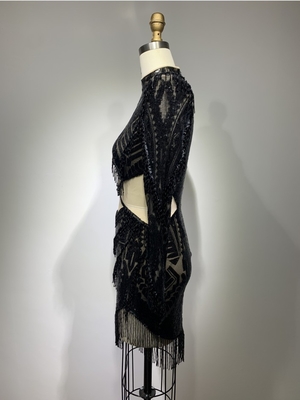 Exquisite Black Mini Dress with Shimmering Rhinestones and Eye-catching Tassel Ideal for Night Out or Special Occasions