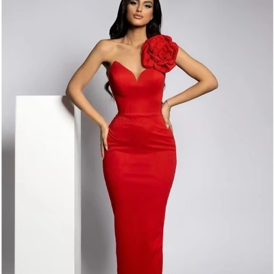 Summer Red Elastic Band Bodycon Dress with Luxurious Floral Bead Decoration and Unique Sexy Design in Spandex/Polyester