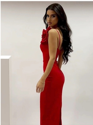 Summer Red Elastic Band Bodycon Dress with Luxurious Floral Bead Decoration and Unique Sexy Design in Spandex/Polyester