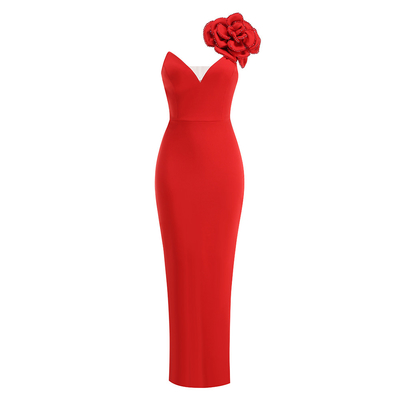 Summer Red Elastic Band Bodycon Dress with Luxurious Floral Bead Decoration and Unique Sexy Design in Spandex/Polyester