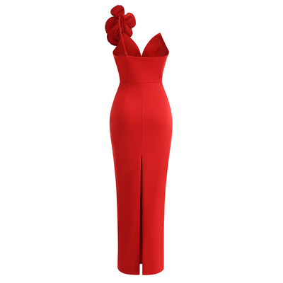 Summer Red Elastic Band Bodycon Dress with Luxurious Floral Bead Decoration and Unique Sexy Design in Spandex/Polyester
