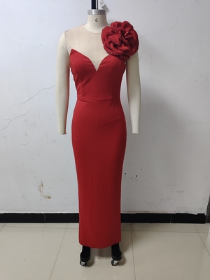 Summer Red Elastic Band Bodycon Dress with Luxurious Floral Bead Decoration and Unique Sexy Design in Spandex/Polyester