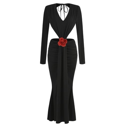 LS2527 Women's Straight Tube Dress end Sexy V-neck Backless 3D Flower Elegant Long Dress 220g Fabric Weight Woven Craft