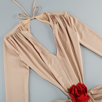 LS2527 Women's Straight Tube Dress end Sexy V-neck Backless 3D Flower Elegant Long Dress 220g Fabric Weight Woven Craft