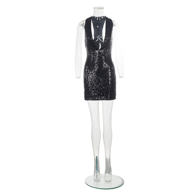SB3247 Women's Sexy Black Sequin Dress Sleeveless Slim Mini Dress Deep V-neck Summer Straight Knife Hem Woven Knit Weave