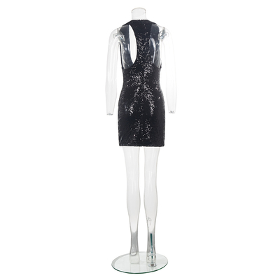 SB3247 Women's Sexy Black Sequin Dress Sleeveless Slim Mini Dress Deep V-neck Summer Straight Knife Hem Woven Knit Weave
