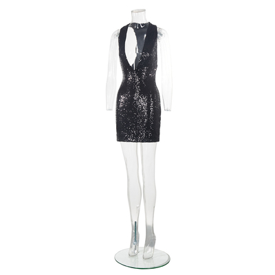 SB3247 Women's Sexy Black Sequin Dress Sleeveless Slim Mini Dress Deep V-neck Summer Straight Knife Hem Woven Knit Weave