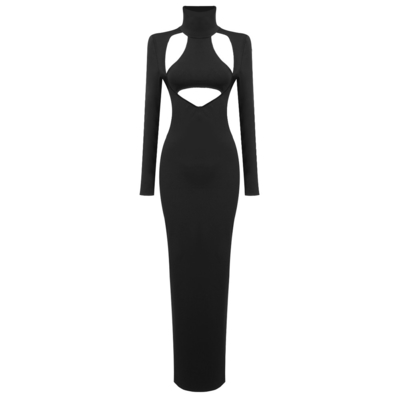 Natural Waist LS2282 Black Bandage Hollow Out Maxi Dress Long Sleeve Party Sexy Dress Luxury Women's Clothing Fashion