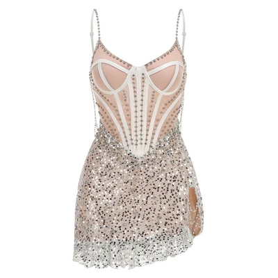 SB3241 Birthday Dress Cover 7-Day Fast Sampling Color Blocking Technique Mini Length Sexy Slip Dress with Rhinestone Chain and Sparkle