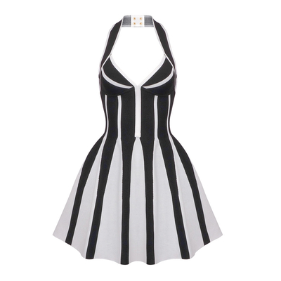 Button Decorated SB3240 Women's Backless Mini Dress Elegant Knit Fabric with Washable Feature and Button Detail