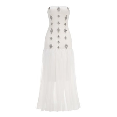 SB3250 Luxurious Summer Sexy Women's Party White Maxi Dress with Sleeveless and Strapless Crystal Tight Mesh Bodice