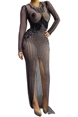 AD2280 Kimshein Women's Party Dress Long Sleeves Water Diamond Beaded Embellishment and Wrinkle-Resistant Material