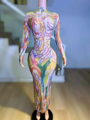 Kimshein Fashion Evening Dress Diamond Art Painting Long Sleeve Tight Dress for Women Custom Logo Compatible