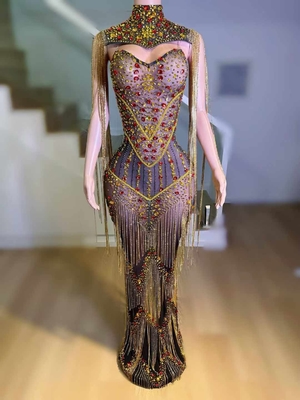 AD2282 Long Sleeve Beaded Fringe Crystal Diamond Luxury Evening Gown with Intricate Craftsmanship and Beautiful Details