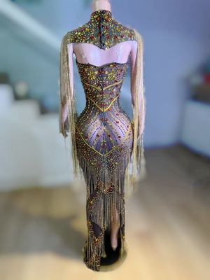 AD2282 Long Sleeve Beaded Fringe Crystal Diamond Luxury Evening Gown with Intricate Craftsmanship and Beautiful Details