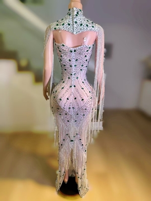 AD2282 Long Sleeve Beaded Fringe Crystal Diamond Luxury Evening Gown with Intricate Craftsmanship and Beautiful Details